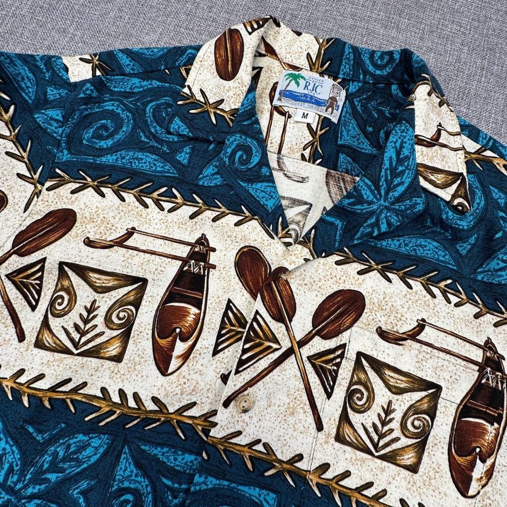 RJC Hawaiian Shirt Mens Medium Blue Cream Canoe Tribal Print Aloha USA Made